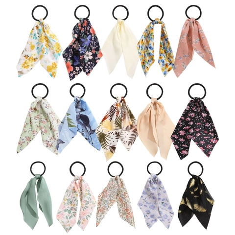 Scarf Hair Ties Floral Print Chiffon Ribbon Elastic Ponytail Holder French Vintage Hair Accessories For Women Girls