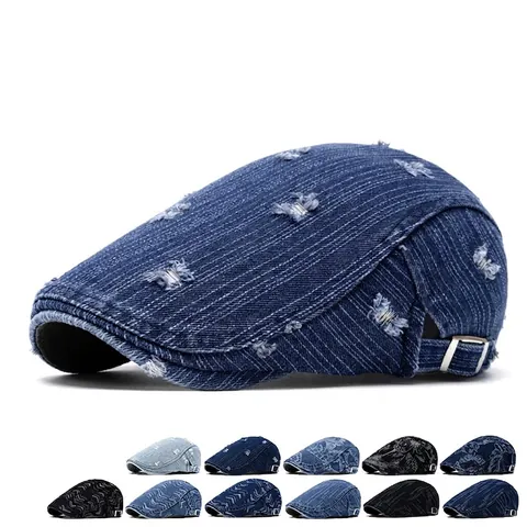 Vintage Distressed Denim Flat Cap Adjustable Breathable Mesh Newsboy Beret Hat For Men Unisex Casual Outdoor Style