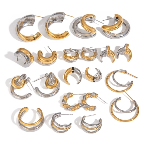 Stainless Steel Hoop Earrings Bicolor Gold Silver Geometric C-Shaped Waterproof Hypoallergenic Non Tarnish For Women