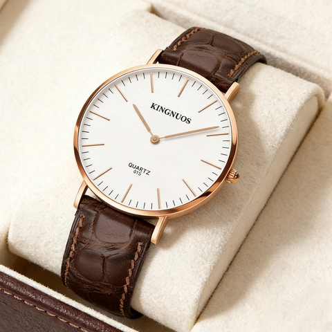 Montre À Quartz Pour Femme Bracelet En Cuir Boîtier Métallique Or Rose Cadran Analogique Rond Simple Montre Affaires