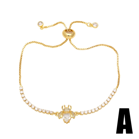 Women Adjustable Gold Plated Copper Bracelet Zircon Inlaid Heart Cross Star Bee Charm Fashion Jewelry