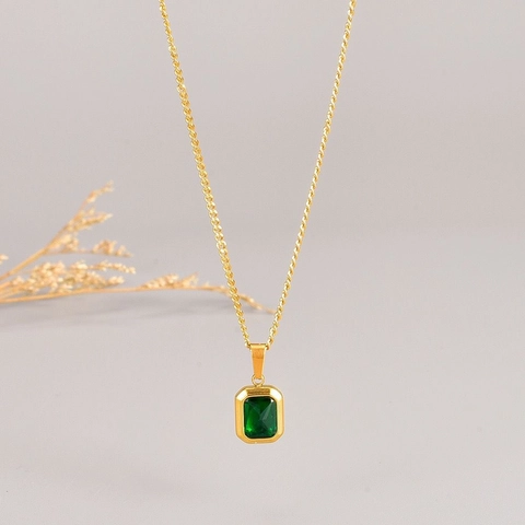 Minimalistisch Titanium Staal Smaragdgroen Strass Hanger Halsketting Elegante Vergulde Geometrische Sleutelbeinketting Dames Sieraden