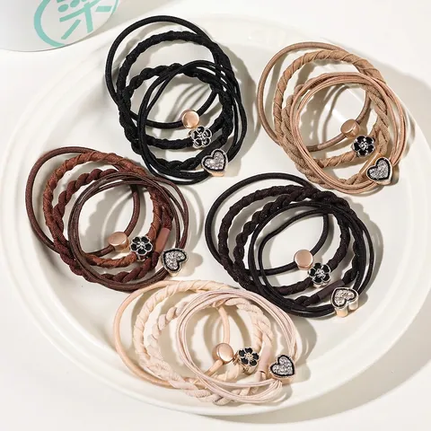 Elegant Braided Hair Ties High Elastic Ponytail Holder With Alloy Heart Flower Charm Rhinestone Minimalist For Women