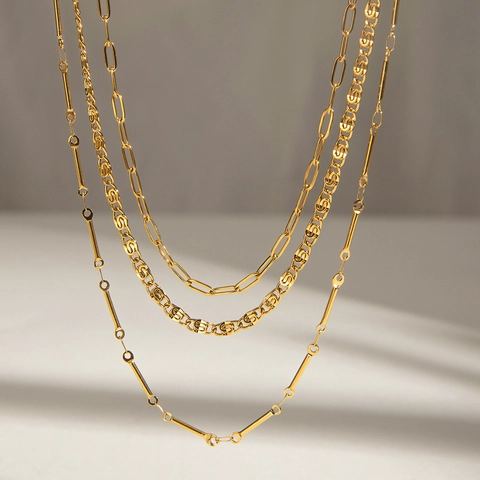 Layered Necklace Gold Plated Stainless Steel Waterproof Hypoallergenic Paperclip Snake Chain Jewelry For Women Elegant