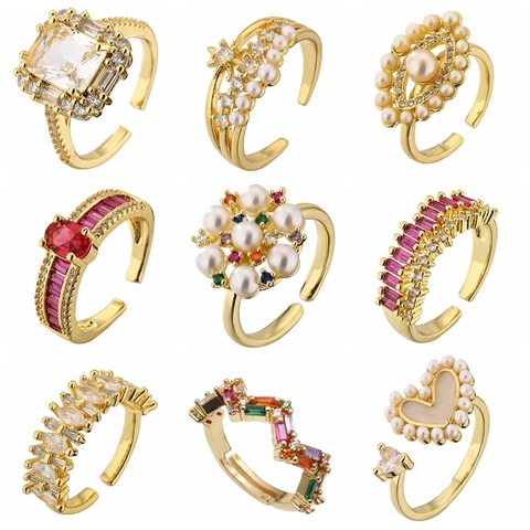 Fashion Open Adjustable Ring Copper Gold Plated With Zircon And Shell Artificial Pearl Evil Eye Heart Flower For Women