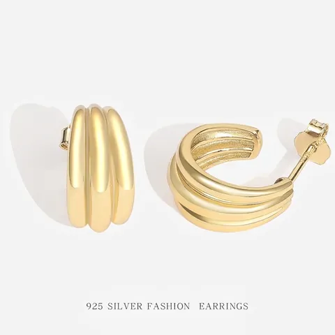 Ribbed C-Shaped Hoop Earrings 925 Sterling Silver Minimalist Triple Layer Texture Polished Statement Jewelry For Women