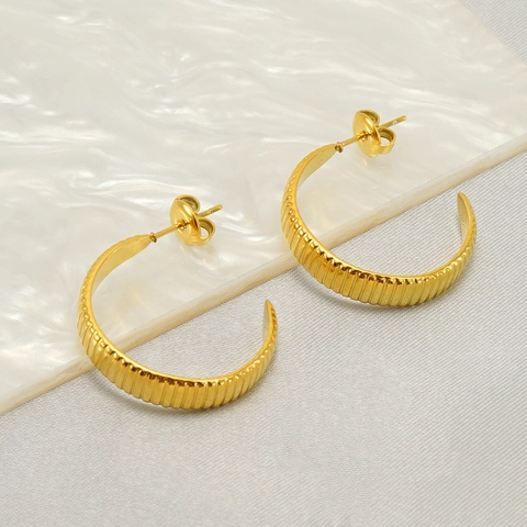 Boucles D'Oreilles Créoles En Forme De C En Acier Inoxydable Plaqué Or 18 Carats Texturées Géométriques Pour Femmes