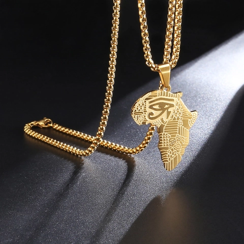 Africa Map Pendant Necklace Gold Plated Stainless Steel Horus Eye Symbol Hip Hop Ethnic Statement Jewelry For Men