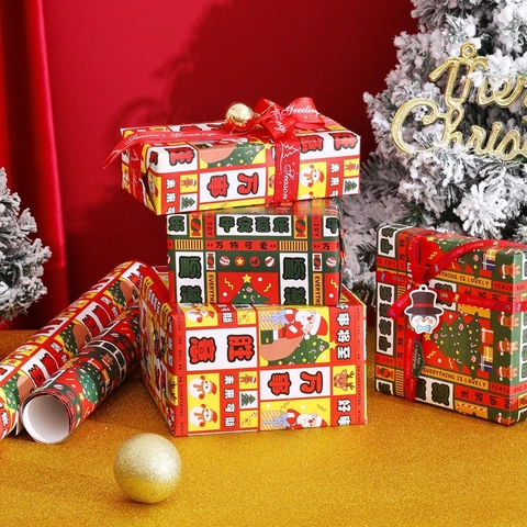 Christmas Gift Wrapping Paper Cartoon Santa Reindeer Gingerbread Man Festive Holiday Decoration New Year Present Wrapping
