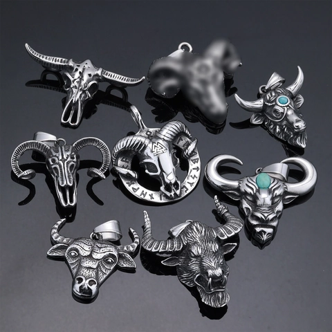 Retro Bull Ram Head Skull Pendant Necklace Stainless Steel Gothic Viking Nordic Rune Turquoise Inset Jewelry For Men