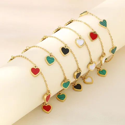 18K Gold Plated Stainless Steel Heart Charm Bracelet For Women Ins Style Colorful Enamel Shell Heart Adjustable Chain Jewelry