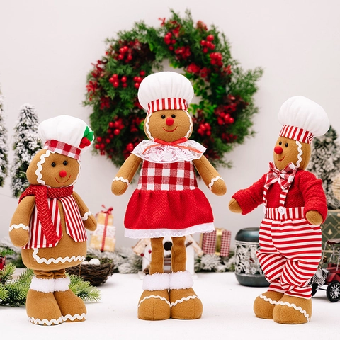 Christmas Gingerbread Man Plush Dolls Extendable Standing Ornaments Chef Hat Design Festive Holiday Home Table Decorations
