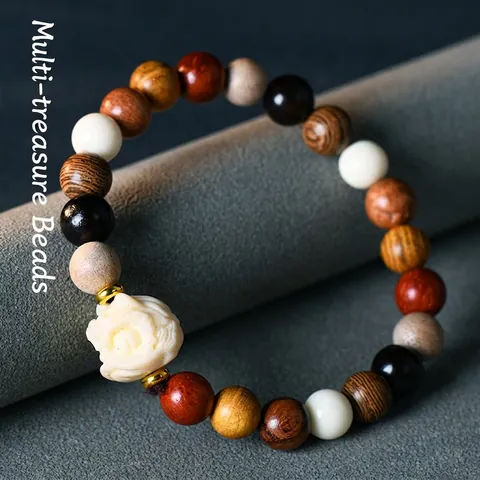 Multi Color Wood Beaded Bracelet With Carved Ivory Nut Lion Charm Ethnic Zen Style Jewelry For Men And Women