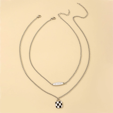 Retro Minimalist Ins Style Women Double Layered Alloy Necklace With Enamel Checkerboard Square And Dream Letter Oval Pendant