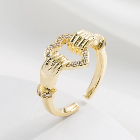 Anillo Abierto Ajustable De Corazón Cobre Circonita Chapado En Oro De 18K Joyería Vintage Geométrica Mujer