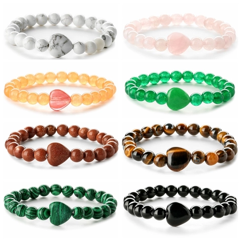 Natural Stone Beaded Bracelet With Heart Shaped Centerpiece Bead Elastic Stretch Fashion Jewelry For Men Women