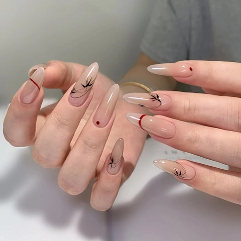 Press On Nails Long Almond Chinese Style Bamboo Pattern Nude Pink French Minimalist Manicure For Women
