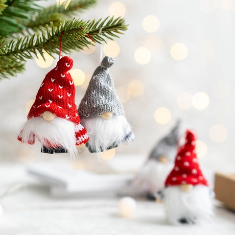 Christmas Gnome Santa Hanging Ornaments Knitted Fabric Faux Fur Wood For Tree Decor Handmade Festive Holiday Gifting