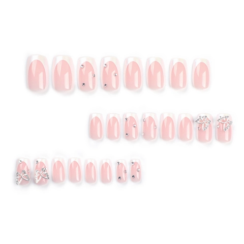 French White Tip Press On Nails Long Square Shape Butterfly Alloy Rhinestone Elegant Sweet Style For Women Manicure