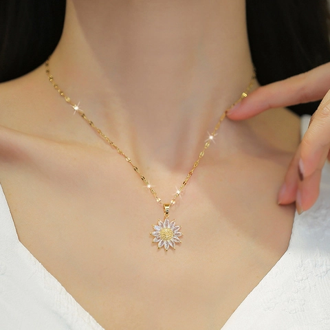 Zonnebloem Hanger Ketting Titanium Staal Ketting Koper Zirkoon Bloem Sieraden Cadeau Voor Vrouwen