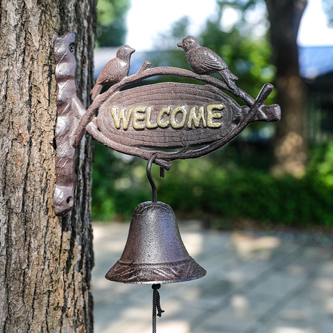 Vintage Cast Iron Welcome Bell With Two Birds Rustic Wall Mounted Decorative Dinner Bell For Garden Porch