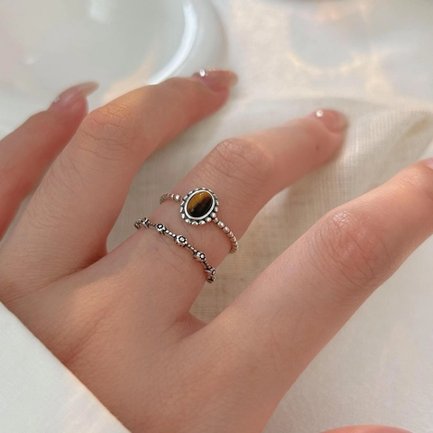 Anillo De Plata De Ley 925 Vintage Piedra Ojo De Tigre Y Patrón De Flores Banda Abierta Ajustable Joyería Para Mujer