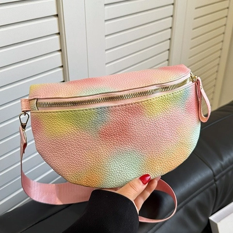 Women Rainbow Gradient Waist Bag Lychee Texture PU Leather Fashion Crossbody Chest Bag Wide Webbing Strap Half Moon Purse