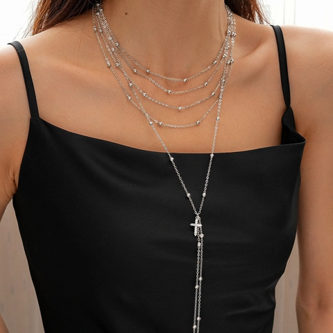 Collana Con Ciondolo A Croce Multistrato Rame Zircone Catena Di Perline Lariat Lungo Gioielli Di Dichiarazione Eleganti Donna
