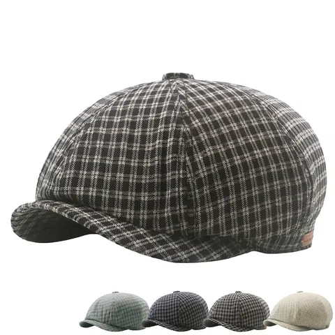 Vintage Newsboy Cap Plaid Cotton Adjustable British Style Octagonal Beret Men Women Casual Breathable Sun Protection