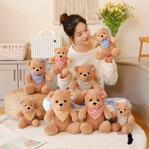 Cute Teddy Bear Plush Toy Soft Cotton Plaid Bandana Scarf Bow Decor Stuffed Animal Sitting Doll Kids Birthday Gift Home