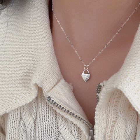 Minimalist 925 Sterling Silver Heart Pendant Necklace With Zircon For Me Engraved Lock Design Jewelry Gift For Women