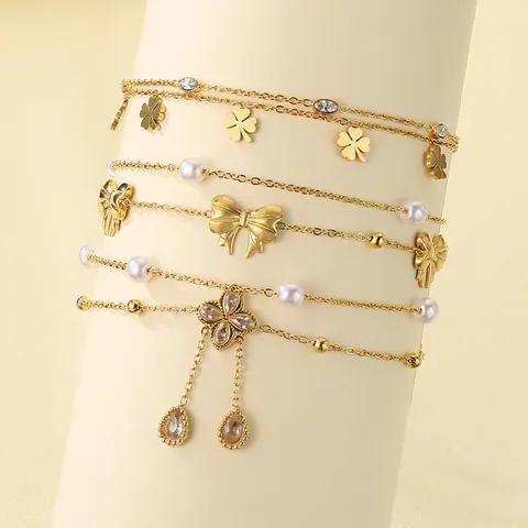 Edelstahl Doppelreihige Fußkettchen Für Damen Vergoldet Kleeblatt Schleife Traumfänger Muschel Künstliche Perle Zirkon Boho Schmuck