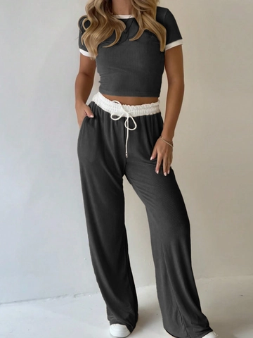 Damen Kurzarm Crop Top Und Weite Hose Rippstrick Kontrastbesatz Loungewear Freizeit
