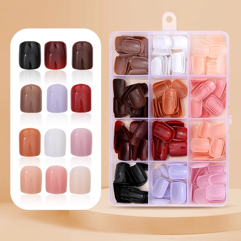 Uñas Postizas Brillantes De Colores Sólidos Múltiples Uñas Falsas Cortas Cuadradas Redondas Con Caja De Almacenamiento Para Mujer