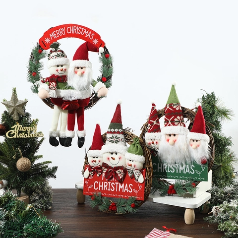 Weihnachts Kranz Rattan Türbehang Ornamente Plüsch Weihnachtsmann Schneemann Feiertag Wanddekoration Für Die Party