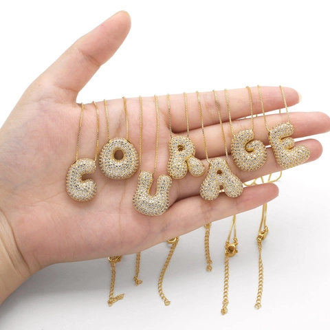 Collar De Letra Inicial Cobre Chapado En Oro De 18K 3D Burbuja Circonita Cúbica Pave Colgante Joyería De Moda Para Mujeres