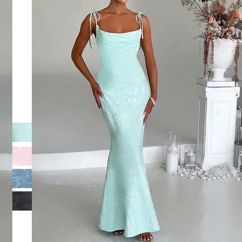 Women Jacquard Mermaid Maxi Dress Tie Shoulder Cowl Neck Sexy Backless Elegant Evening Party Bodycon