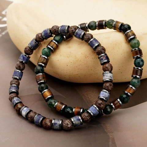 Natural Stone Beaded Bracelet With Stainless Steel Spacers Hematite Tiger Eye Moss Agate Elastic Vintage Jewelry For Men