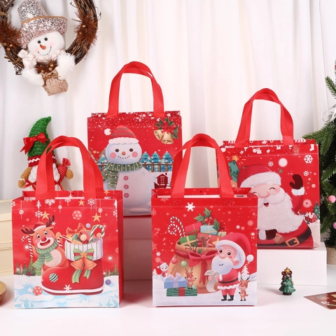 Sacchetti Regalo Di Natale In Tessuto Non Tessuto Borse Tote Festive Con Babbo Natale Pupazzo Di Neve Renna Stampati