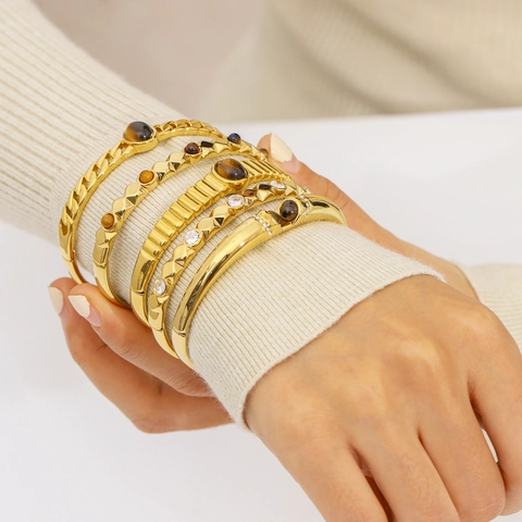 18K Vergulde Roestvrijstalen Armband Met Natuurlijke Tijgeroogsteen Kunstparel En Zirkoon Voor Dames Vintage Sieraden