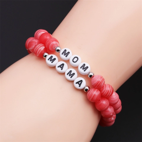 Perlenarmband Rot Weiß Gestreifte Harzperlen MAMA MOM Buchstaben Legierung Abstandsperlen Muttertag Geschenk Frauen