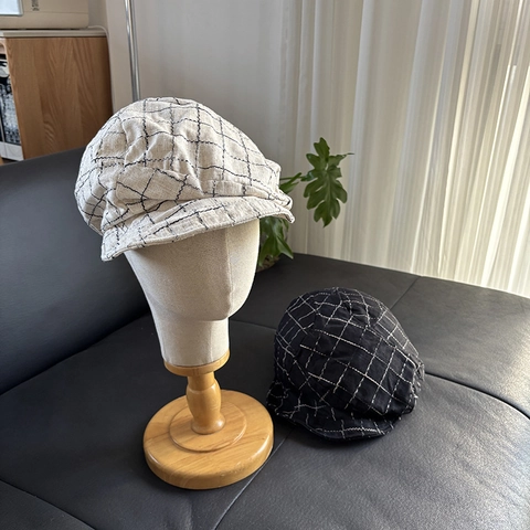 Retro Plaid Newsboy Cap Linen Cotton Blend Checkered Beret Adjustable Breathable Foldable Vintage Casual Hat