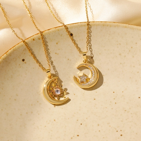 Himmelskörper Sonne Mond Stern Anhänger Halskette Edelstahl Mit Zirkonia Inlay Eleganter Modeschmuck Für Damen