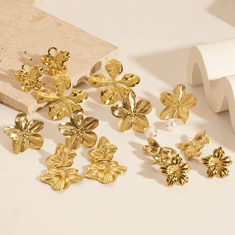 Orecchini Geometrici Vintage Acciaio Inossidabile Placcato Oro 18K Trama Martellata Cuore Fiore Farfalla Gioielli Donne