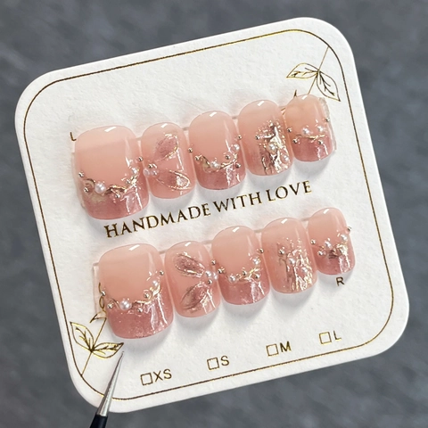 French Pink Cat Eye Press On Nails Elegant Gradient Design With Artificial Pearls And Rhinestones Gold Foil Ribbon For Women