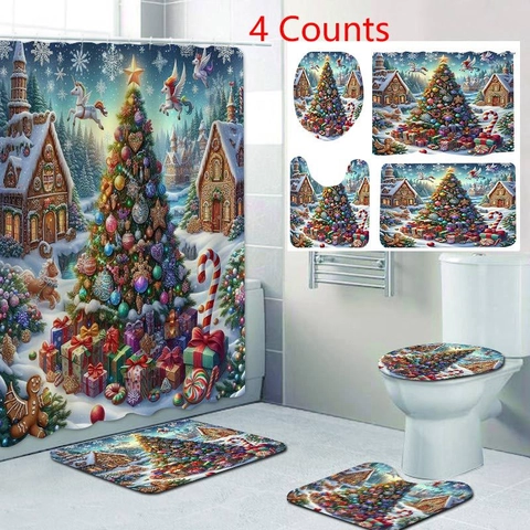 Christmas Bathroom Shower Curtain And Bath Mat Waterproof Polyester Fabric Gingerbread House Decor Holiday Home Decor