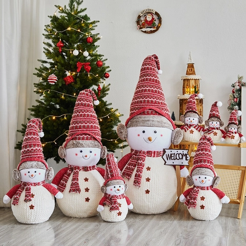Christmas Snowman Plush Doll Knitted Hat Scarf Earmuff Desktop Ornament Holiday Home Window Display Nordic Style Decor