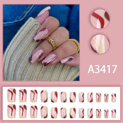 French Abstract Swirl Press On Nails Long Square Shape Pink Brown Artificial Fingernails Glue Style For Women