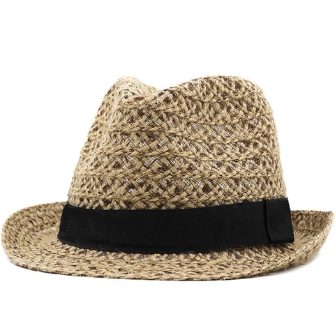 Chapeau Fedora Classique En Paille Respirant Protection Solaire Tissé Plage Jazz Avec Ruban Noir Pour Hommes Femmes