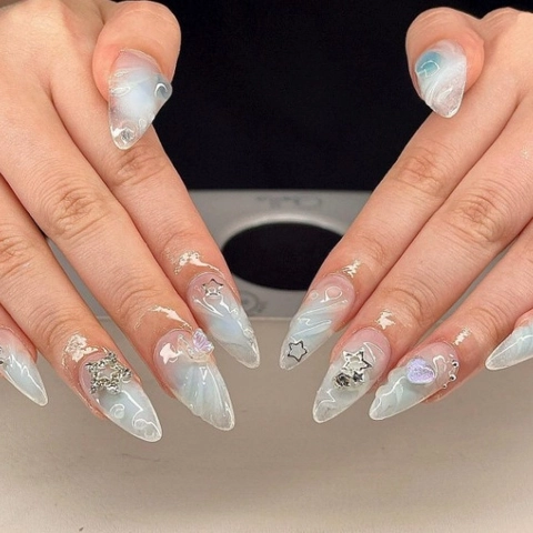 3D Press On Nails Long Almond Stiletto Light Blue Marble Butterfly Heart Metal Charms Artificial Fake Nails For Women